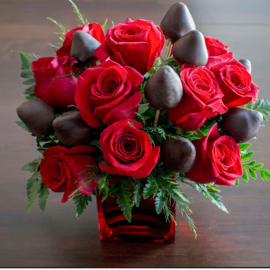 Rose & Flower with Chocolate Cover Strawberries